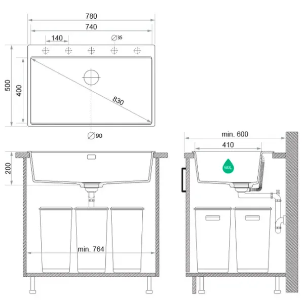 Кухонная мойка PRIMAGRAN OSLO 80 Top 53 x 78 / Гранит / Серый photo 9