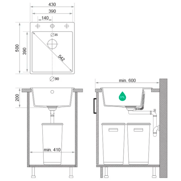 Кухонная мойка PRIMAGRAN RIGA 45 50 x 43 / Гранит / Черный photo 8