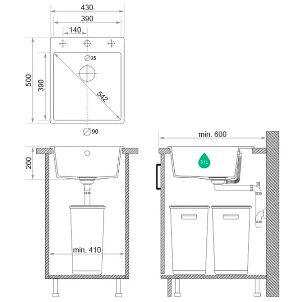 Кухонная мойка PRIMAGRAN RIGA 45 50 x 43 / Гранит / Серый photo 8