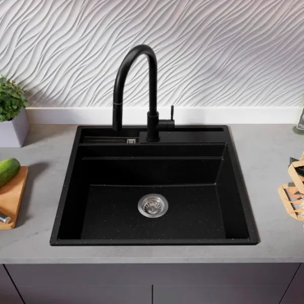 Кухонная мойка PRIMAGRAN OSLO 60 Pocket Multilevel 53 x 58 / Гранит / Черный металлик photo 3