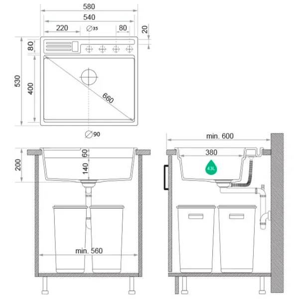 Кухонная мойка PRIMAGRAN OSLO 60 Pocket Multilevel 53 x 58 / Гранит / Черный металлик photo 9