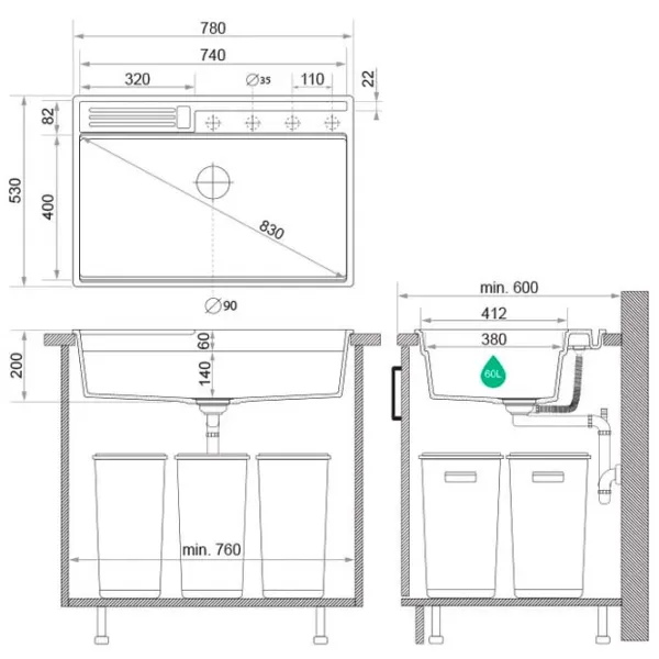 Кухонная мойка PRIMAGRAN OSLO 80 Pocket Multilevel 53 x 78 / Гранит / Черный металлик photo 9
