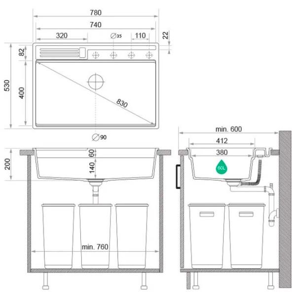 Кухонная мойка PRIMAGRAN OSLO 80 Pocket Multilevel 53 x 78 / Гранит / Черный металлик photo 9