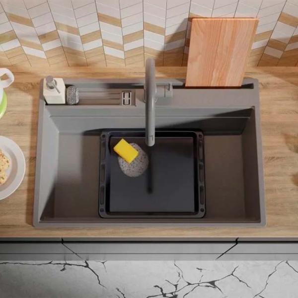 Кухонная мойка PRIMAGRAN OSLO 80 Pocket Multilevel 53 x 78 / Гранит / Серый photo 2