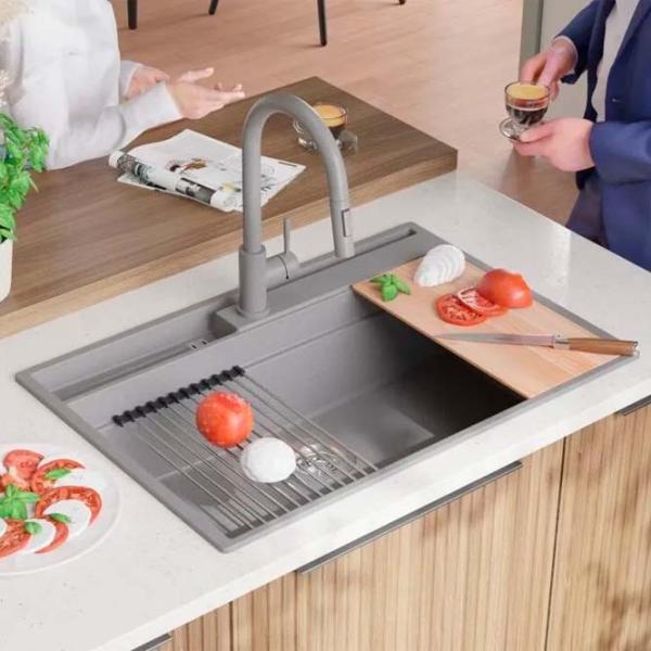 Кухонная мойка PRIMAGRAN OSLO 80 Pocket Multilevel 53 x 78 / Гранит / Серый photo 6