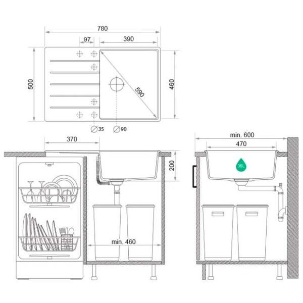 Кухонная мойка PRIMAGRAN COPENHAGEN 780-50 Top 50 x 78 / Гранит / Черный металлик photo 8