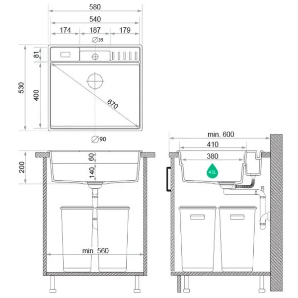 Кухонная мойка PRIMAGRAN NEW YORK Multispace 60 58 x 53 / Гранит / Бежевый photo 9