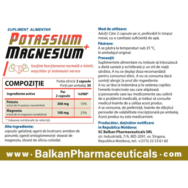 Vitamine și minerale Balkan Pharmaceuticals Potasium+Magnesium 60 photo 2