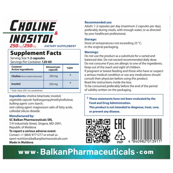 Vitamine și minerale Balkan Pharmaceuticals Choline & Inositol 120 photo 3