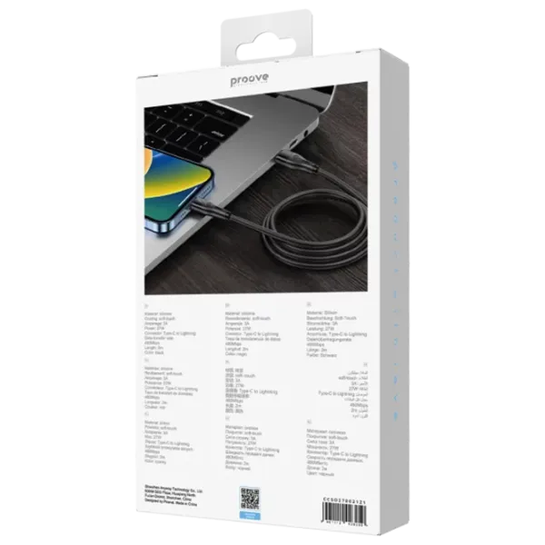 Cablu de alimentare Soft Silicone Proove Lightning + USB Type-C 2 m / Black photo 6