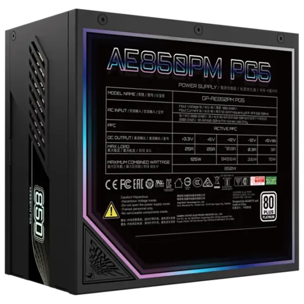 Sursă de alimentare Gigabyte AORUS ELITE GP-AE850PM PG5 80+ Platinum / 850 W photo 7