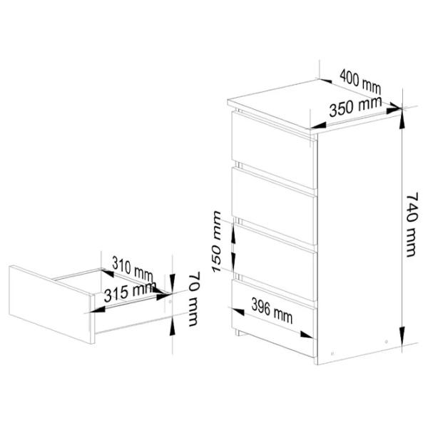 Comodă Akord CL4 40см 4SZ 74 x 40 x 35 / LPAL / Alb photo 5