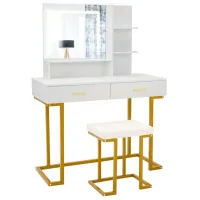 Masă de toaletă Costway HU10217DE-WH+ Poliuretan / White Gold