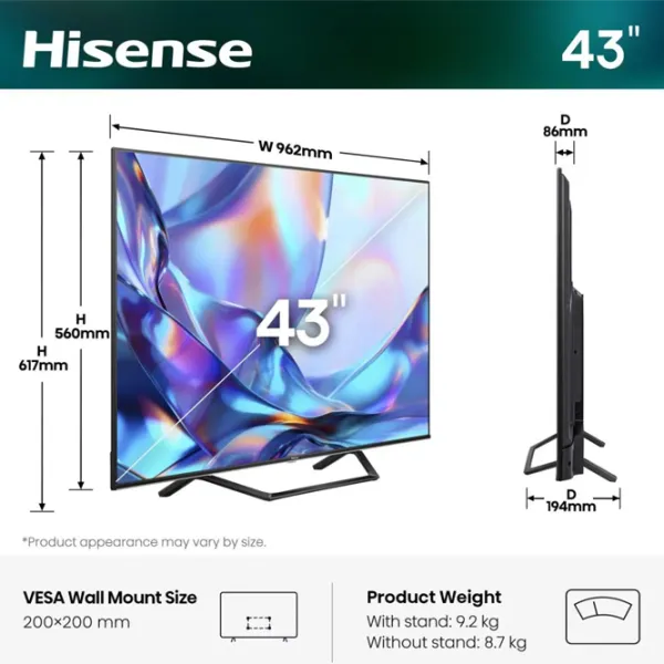 Телевизор Hisense 43A7S 43" / QLED / 4K / Smart TV / Черный photo 2