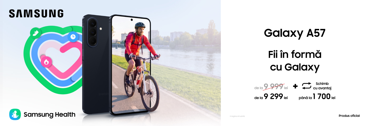 Galaxy A57: design premium, autonomie bună și acum disponibil cu super avantaj!