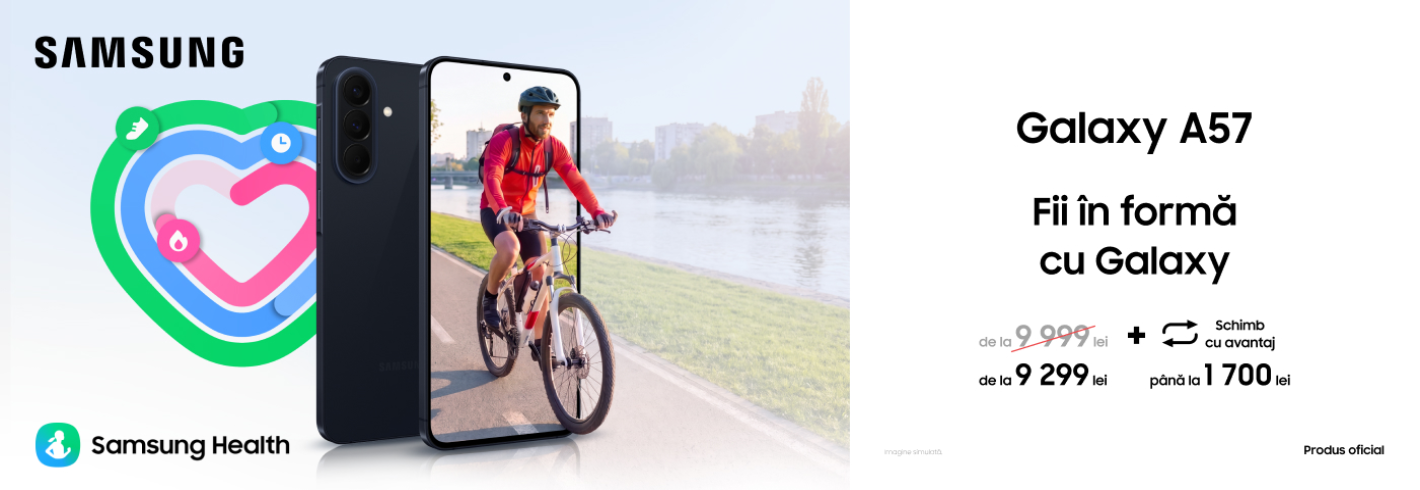 Galaxy A57: design premium, autonomie bună și acum disponibil cu super avantaj!